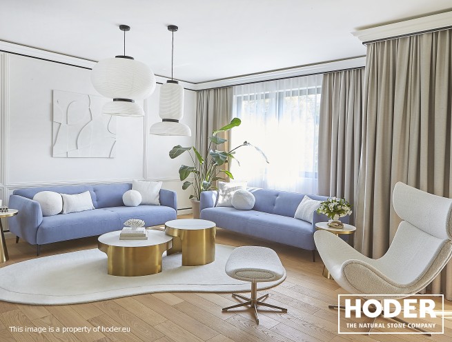 Strefa dzienna, kuchnia oraz łazienka z marmuru 129 i 156 oraz konglomeratu kwarcowego 1103